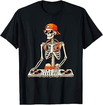 Skeleton DJ Halloween Costume Turntable Music Funny Men Boys T-Shirt