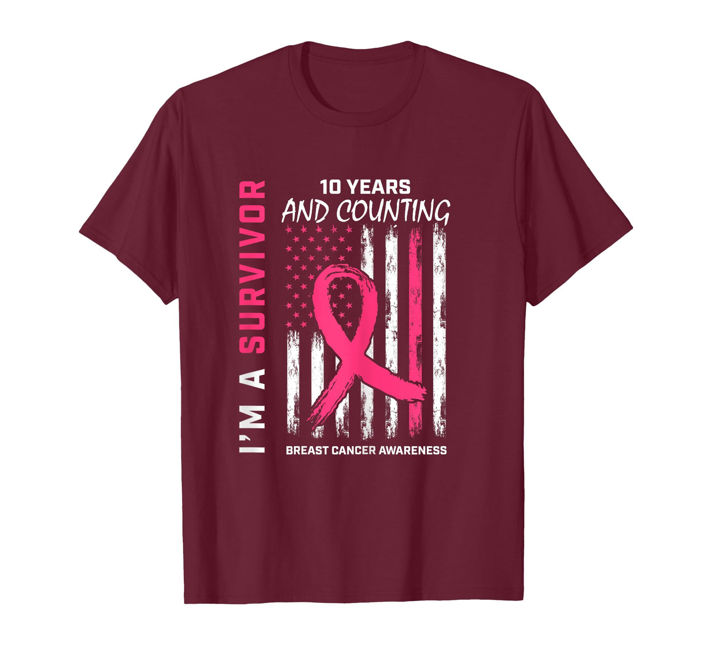 10 Year Survivor Gifts Pink Breast Cancer Free American Flag T-Shirt for Women