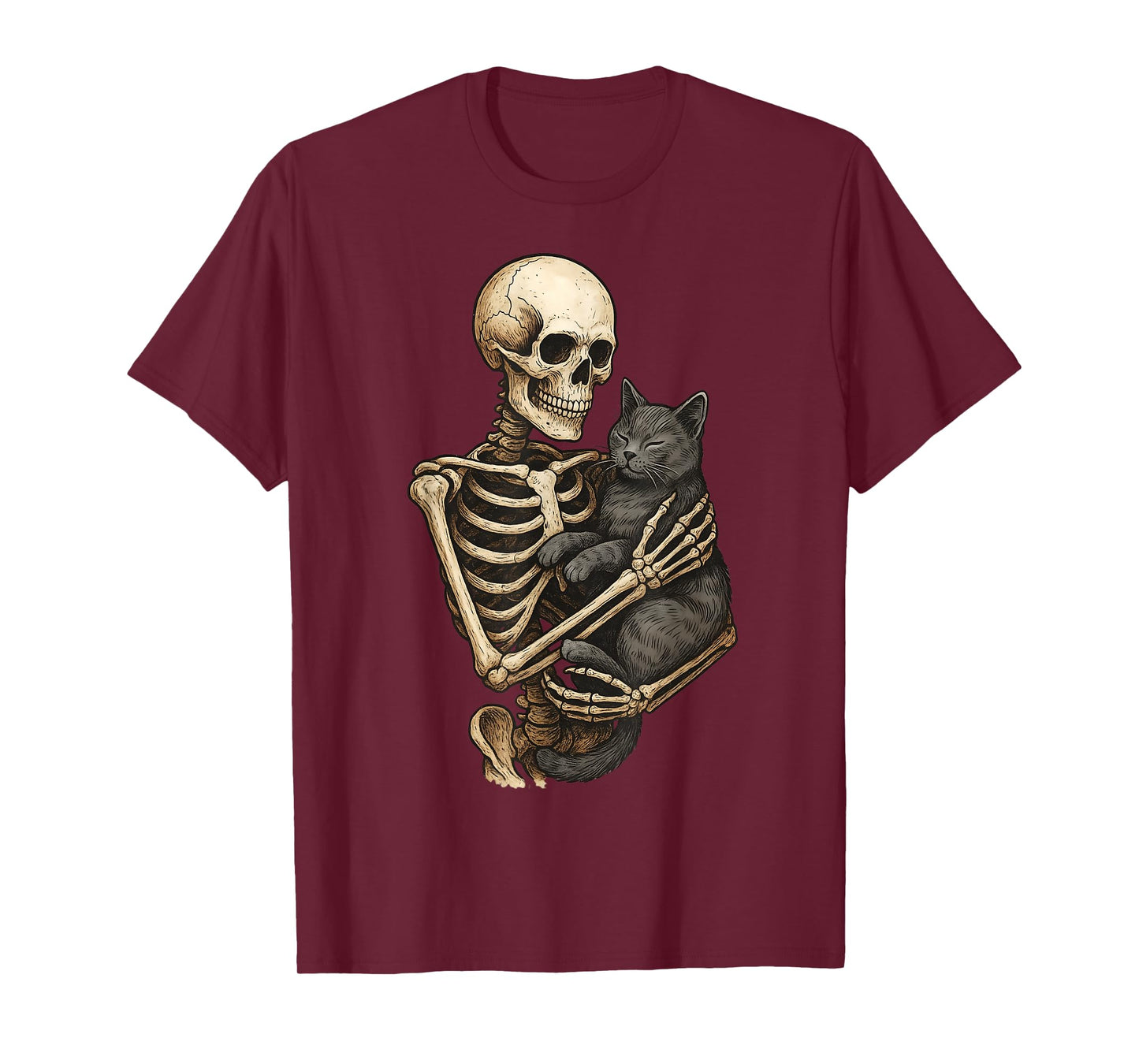 Skeleton Hugging Cat Halloween Cats Lover Cat Mom Cat Dad T-Shirt