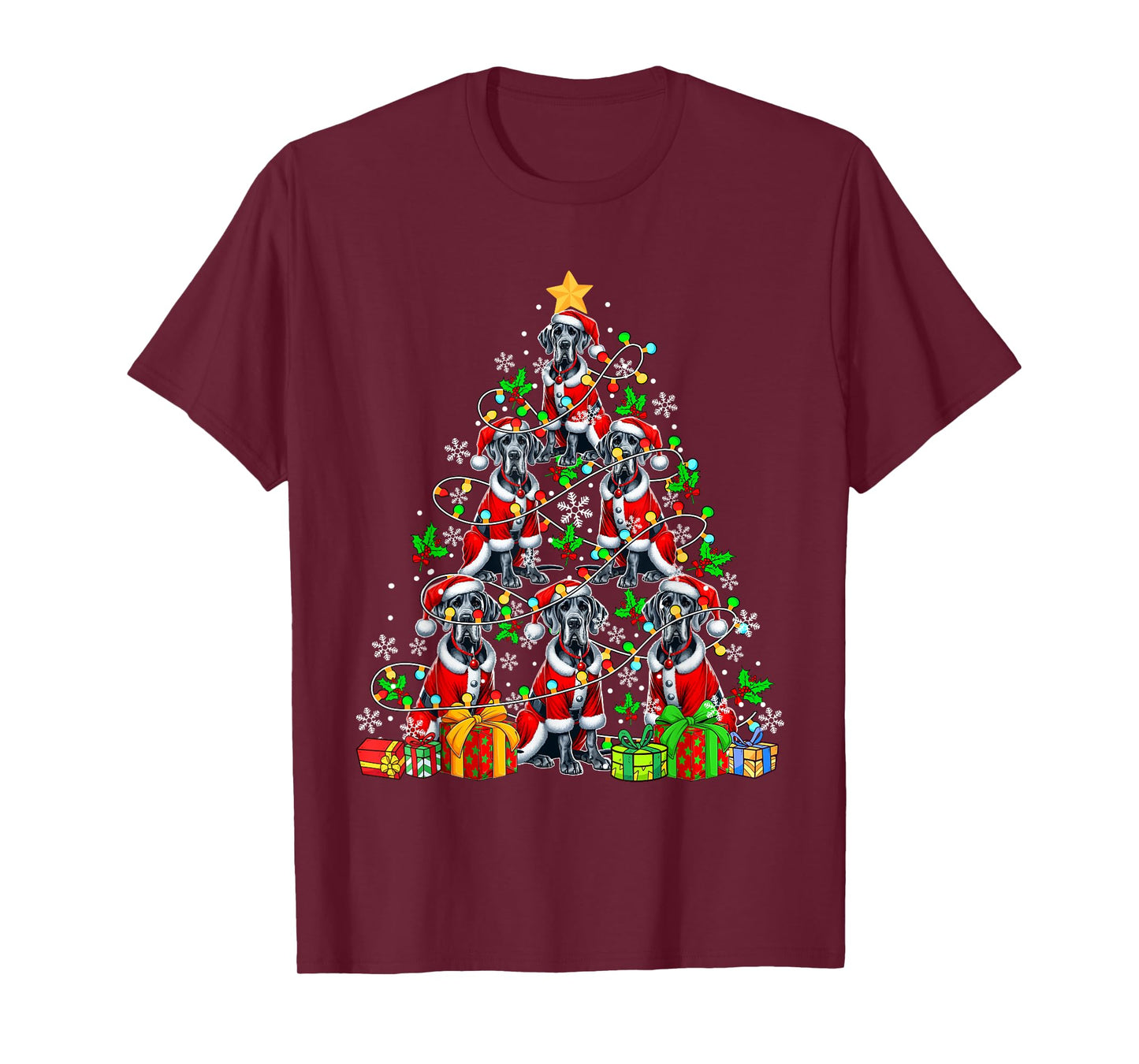 Group Santa Great Danes As Xmas Tree Colorful Lights Owner T-Shirt