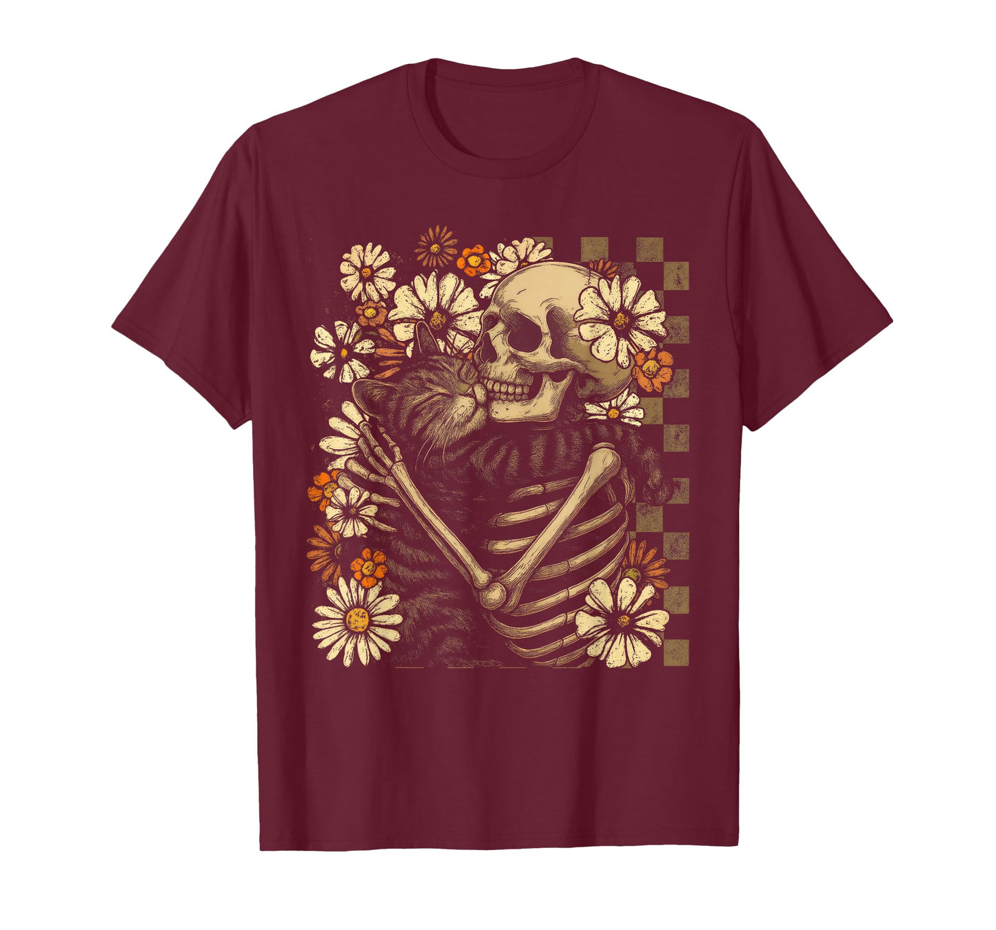 Floral Skeleton Hugging Cat Halloween Cat Lover Cat Mom Dad T-Shirt