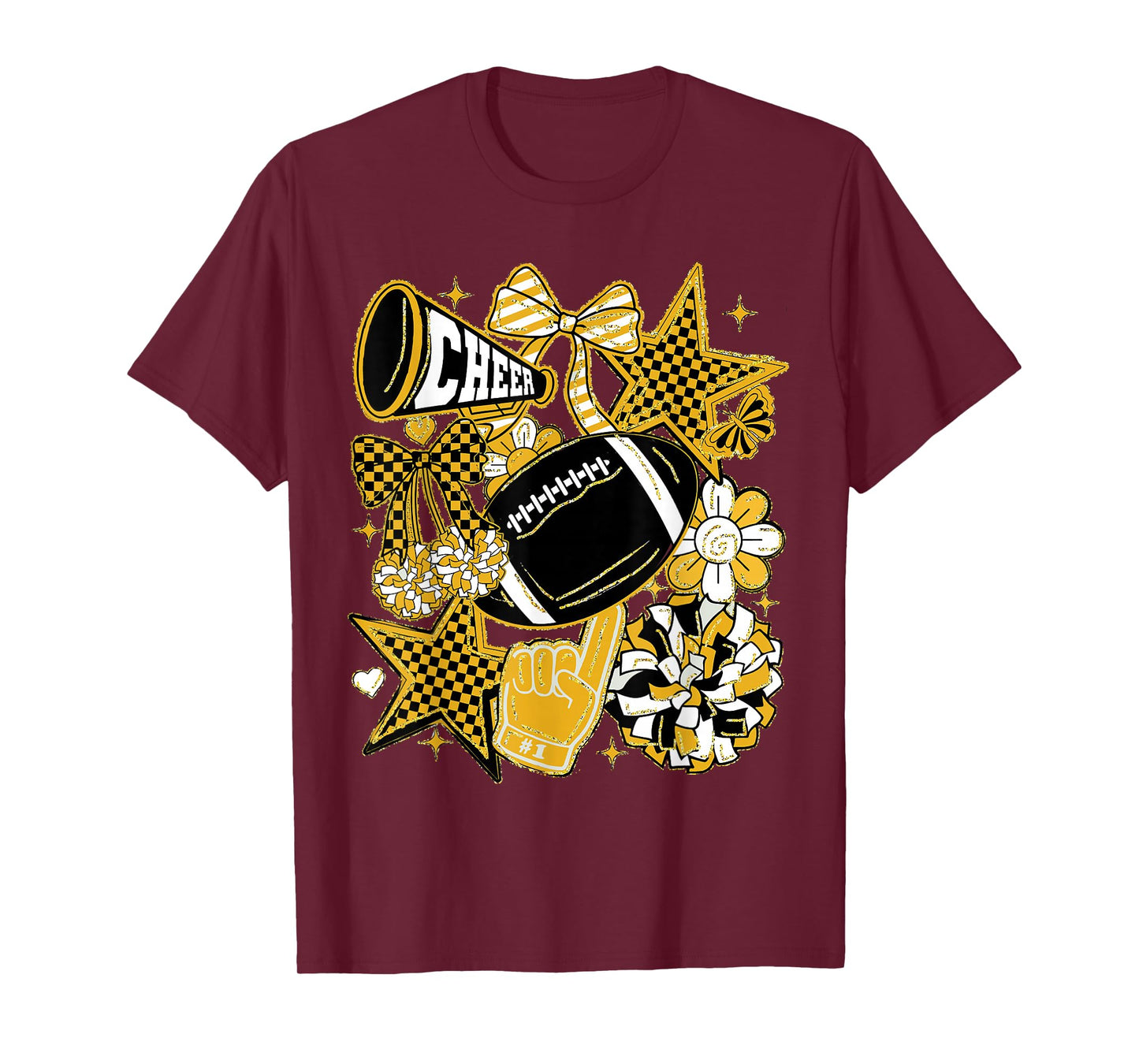 Coquette Bow Football Gold Black Game Cheer Mom Touchdown T-Shirt