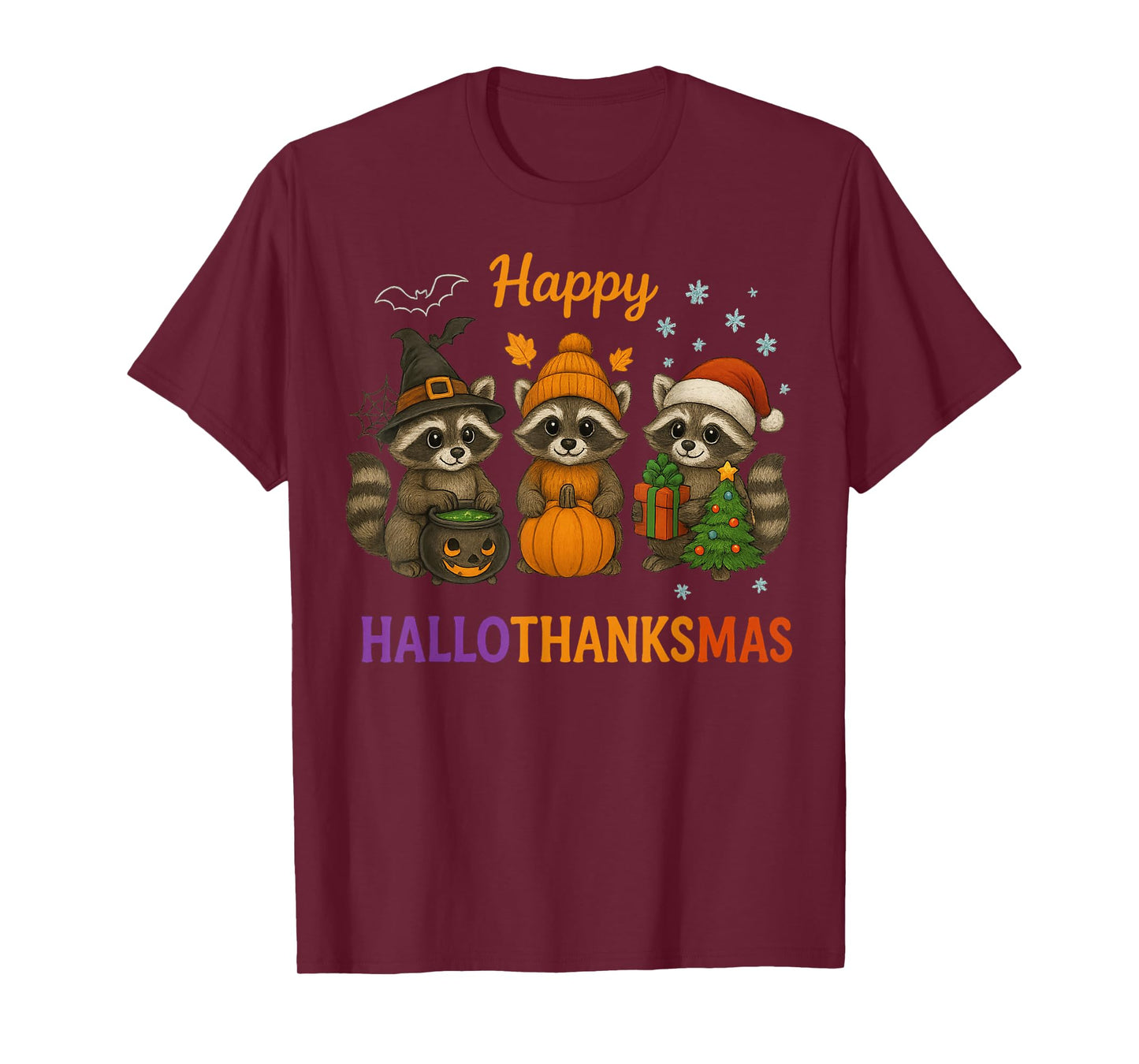 Happy Hallothanksmas Raccoon Halloween Christmas T-Shirt