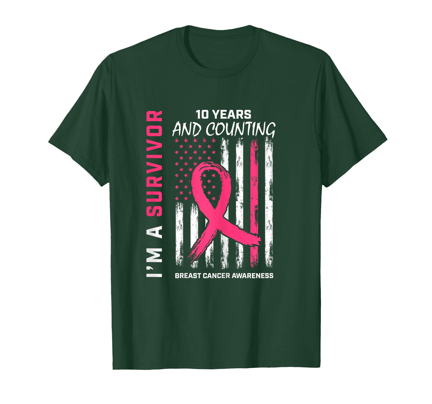 10 Year Survivor Gifts Pink Breast Cancer Free American Flag T-Shirt for Women
