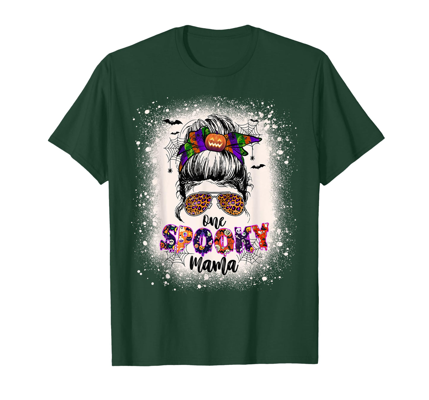 One Spooky Mama Mommy Halloween Mom Life Messy Bun Bleached T-Shirt
