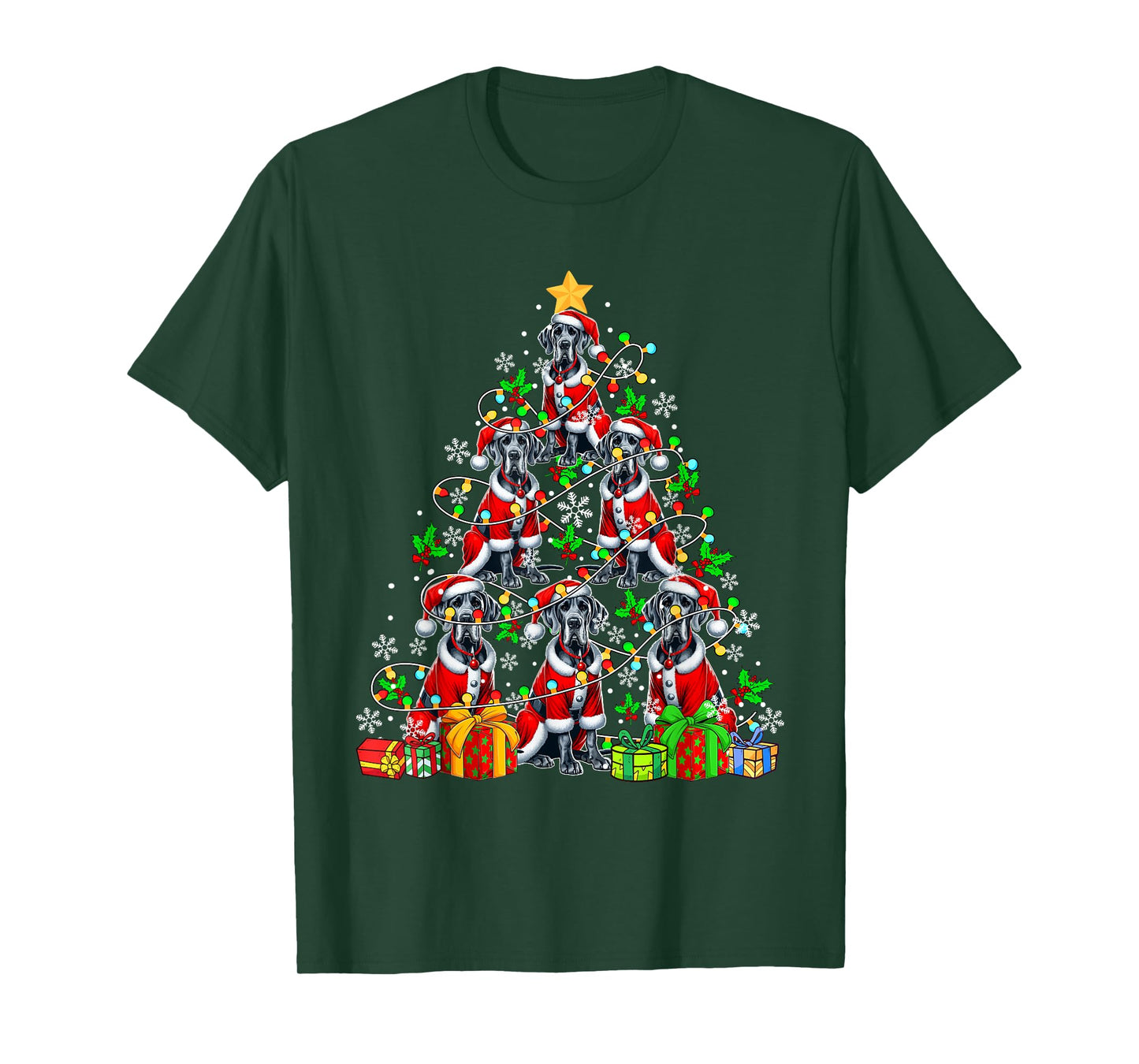 Group Santa Great Danes As Xmas Tree Colorful Lights Owner T-Shirt
