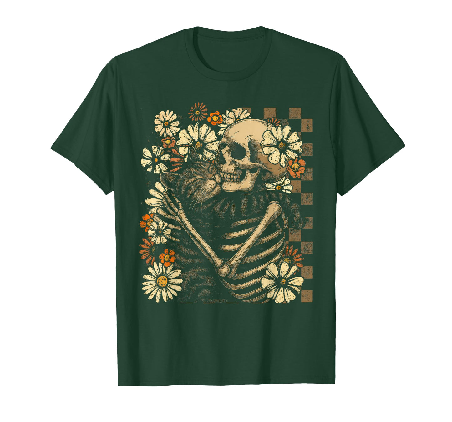 Floral Skeleton Hugging Cat Halloween Cat Lover Cat Mom Dad T-Shirt
