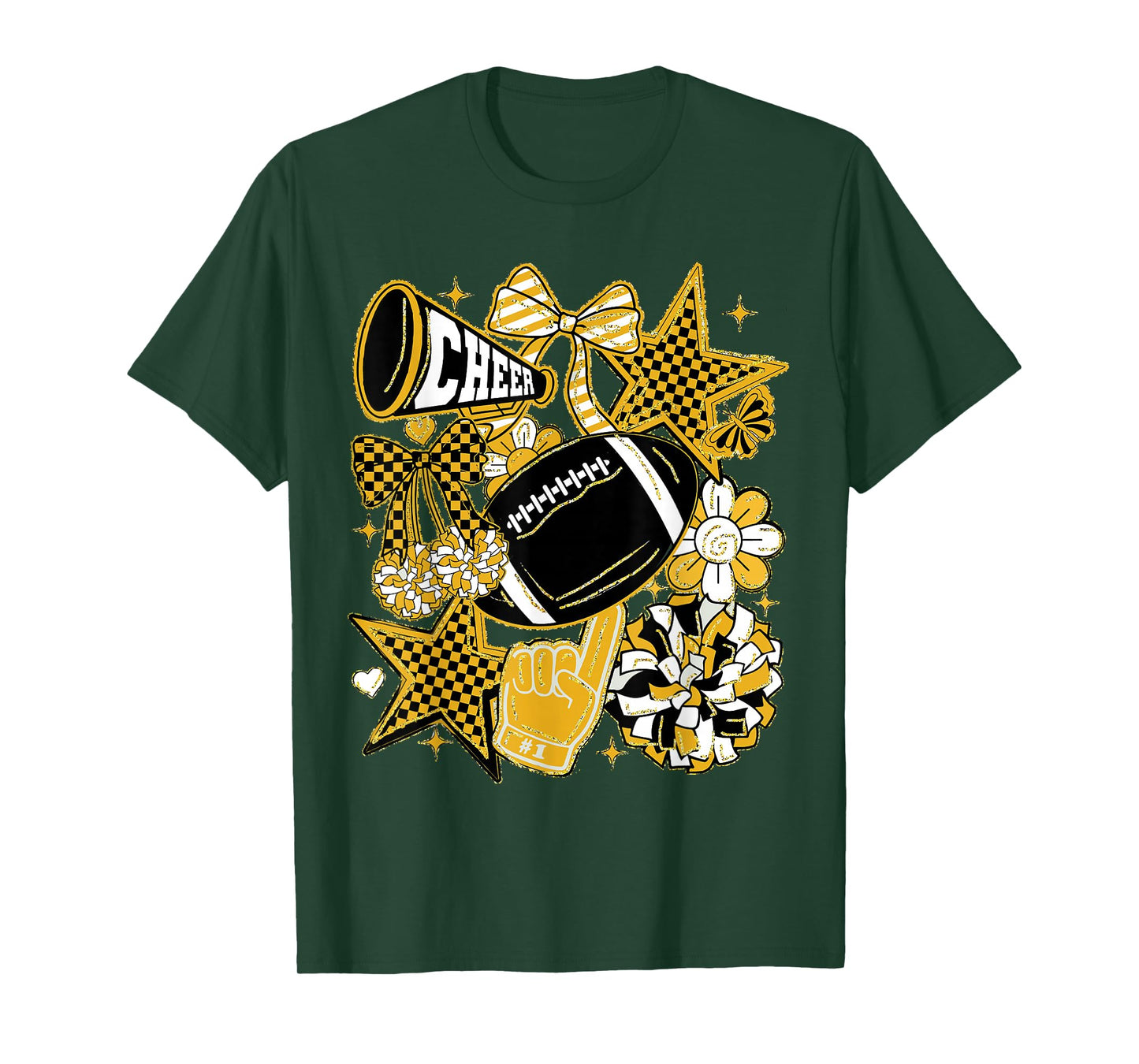 Coquette Bow Football Gold Black Game Cheer Mom Touchdown T-Shirt