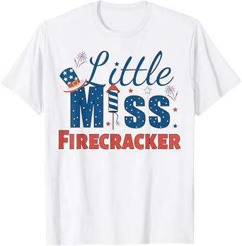 Little Miss Firecracker 4th Of July American Flag Girls Kids T-Shirt