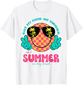 Groovy Happy Face Summer Vibes Got My Mind On Summer Teacher T-Shirt
