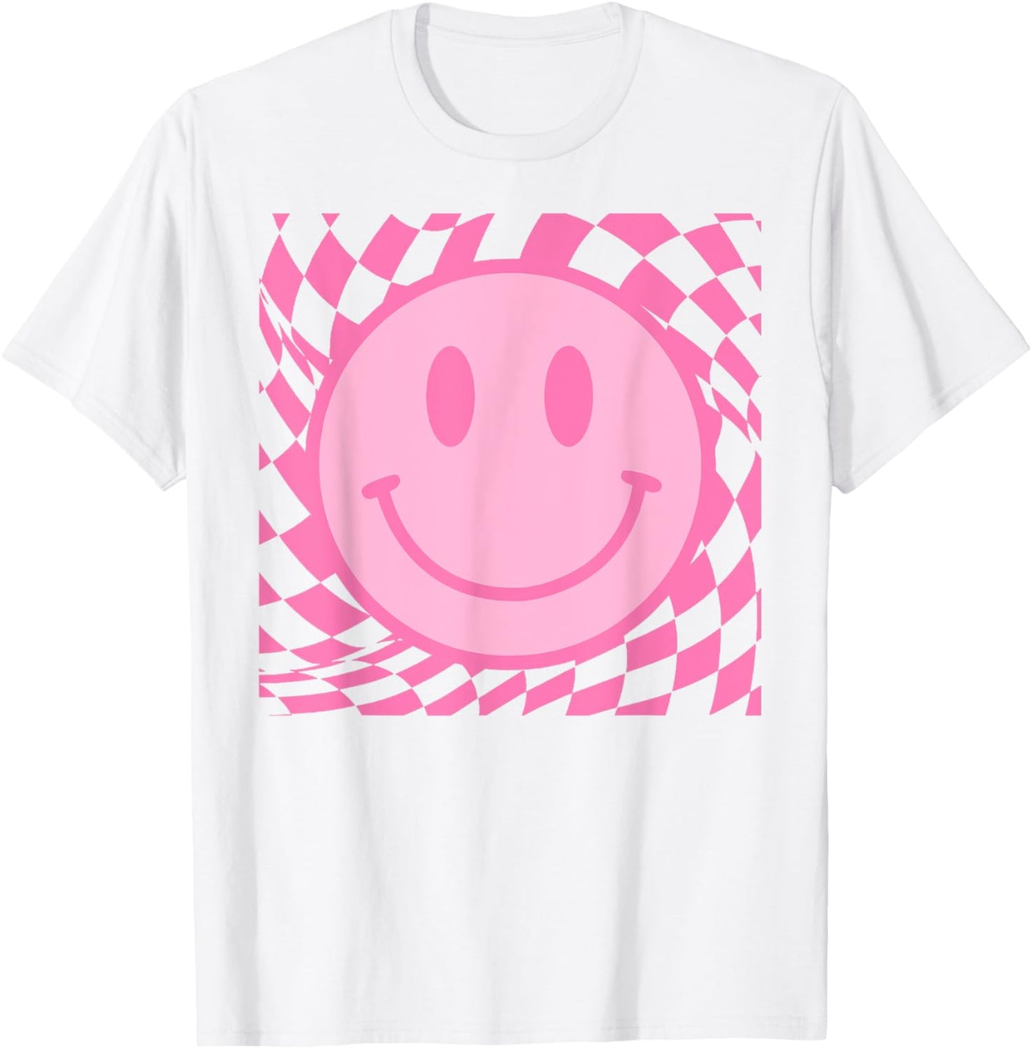 Retro Happy Smile Face Smiling Checkered Pattern Pink Trendy T-Shirt