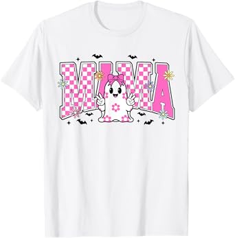 Halloween Mama Ghost Spooky Coquette Bow Pink Checkered T-Shirt