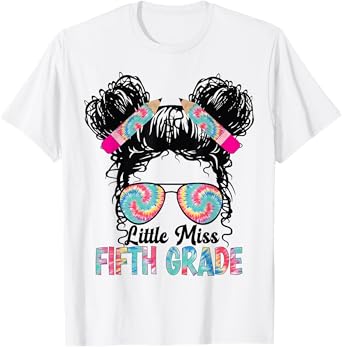 Little Miss Fifth 5th Grade Girls Back To School Messy Bun T-Shirt
