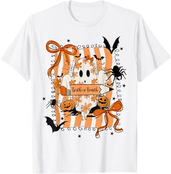 Trick Or Teach Coquette Bow Spooky Teacher Ghost Halloween T-Shirt