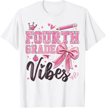 4th Fourth Grade Vibes Back To School Coquette Teacher Girl T-Shirt