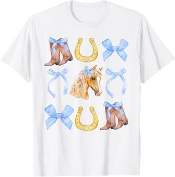 Western Girl Country Rodeo Blue Cowgirl Horse Coquette Bow T-Shirt