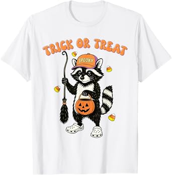 Retro Trick or Spooky Treat Halloween Raccoon Pumpkin Bucket T-Shirt