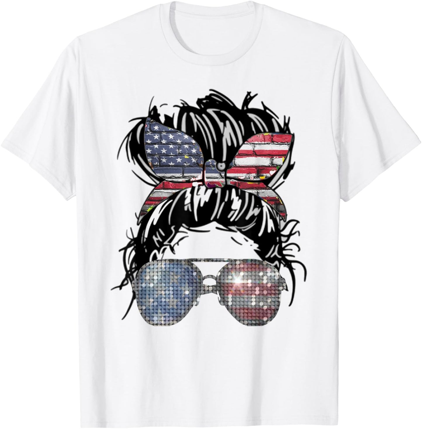 Messy Bun American Flag Glasses 4th of July Patriotic T-Shirt