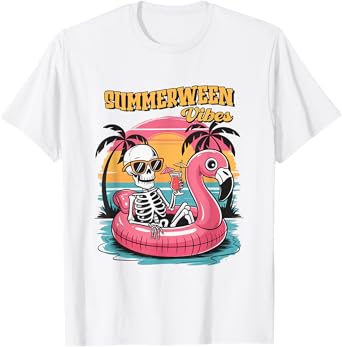 Funny Beach Summerween Skeleton Cocktail Summer Halloween T-Shirt