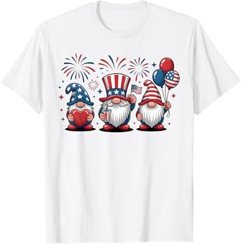 Patriotic Gnomes Labor Day USA Flag Fireworks Balloons T-Shirt