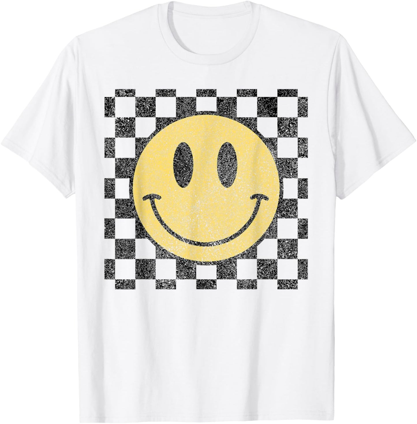 Retro Happy Face Checkered Pattern Smile Face Trendy T-Shirt