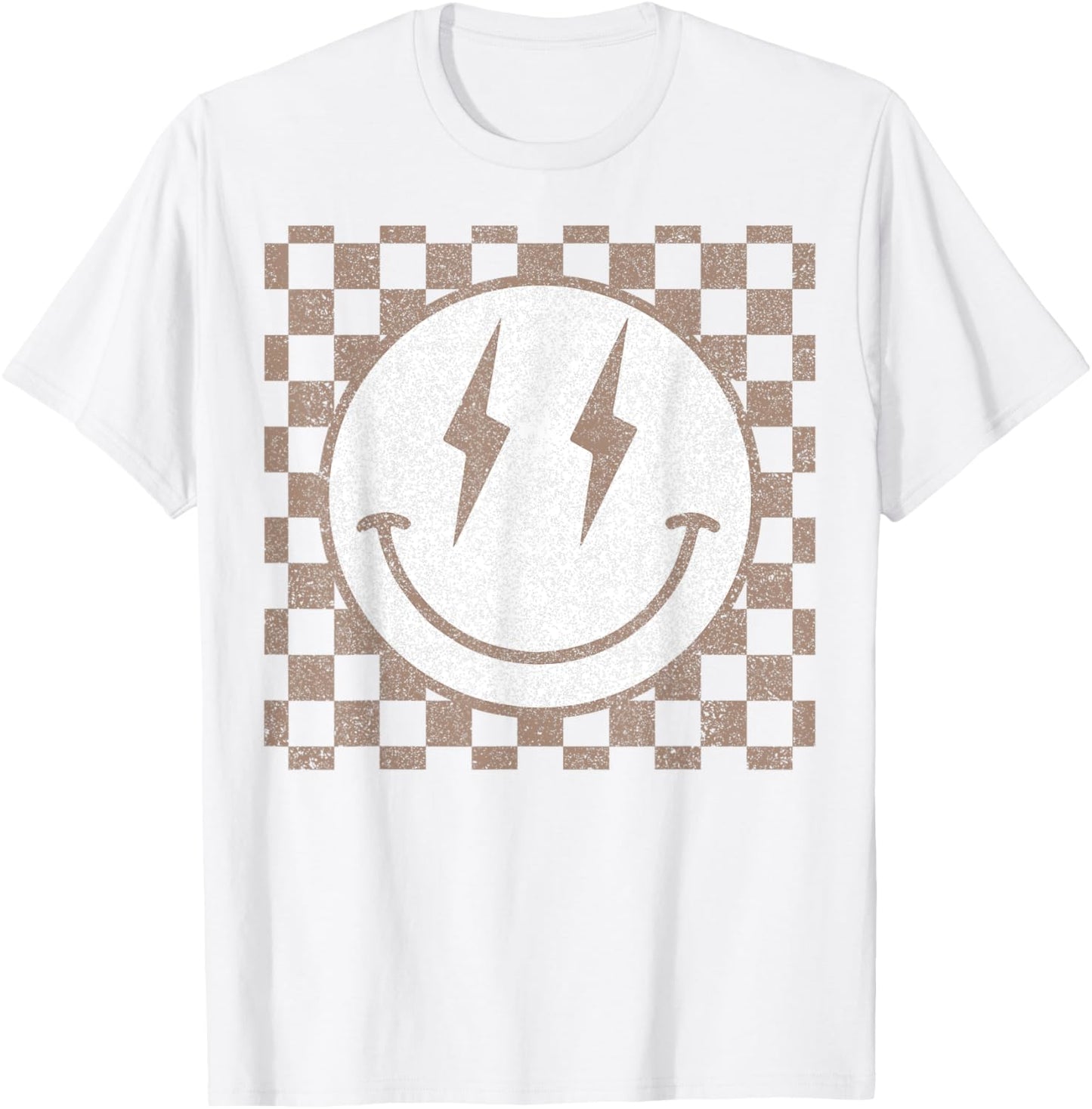 Retro Happy Face Checkered Pattern Smile Face Trendy T-Shirt