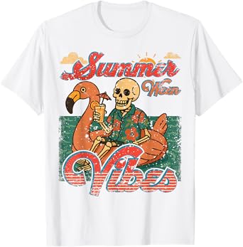 Summerween Vibes Skeleton Flamingo Float Summer Halloween T-Shirt
