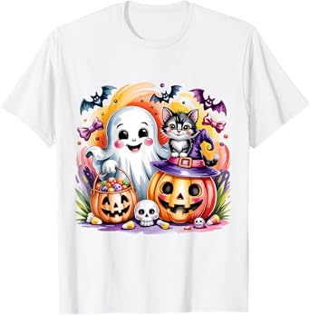 Happy Halloween Ghost Cat Jack-o-Lantern Trick or Treat T-Shirt