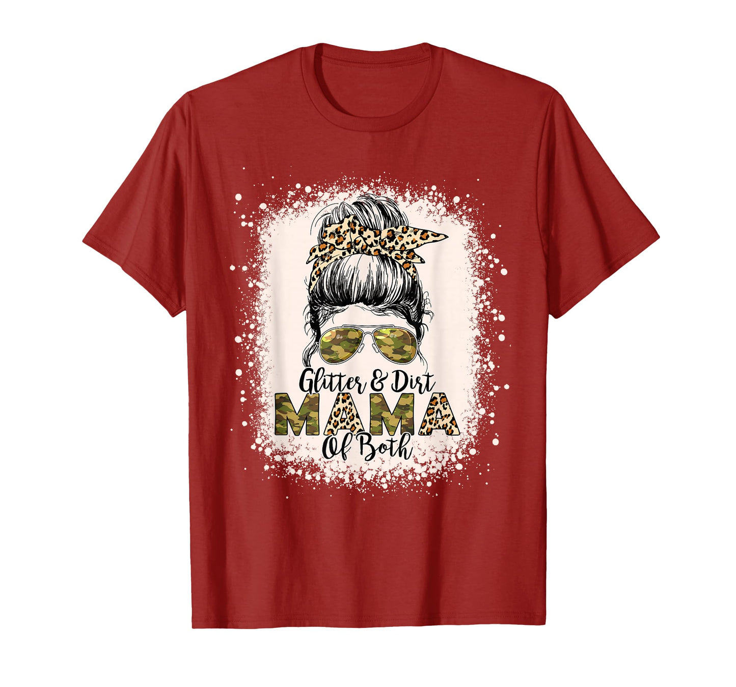 Glitter & Dirt Mama Of Both Leopard Camo Messy Bun Bleached T-Shirt