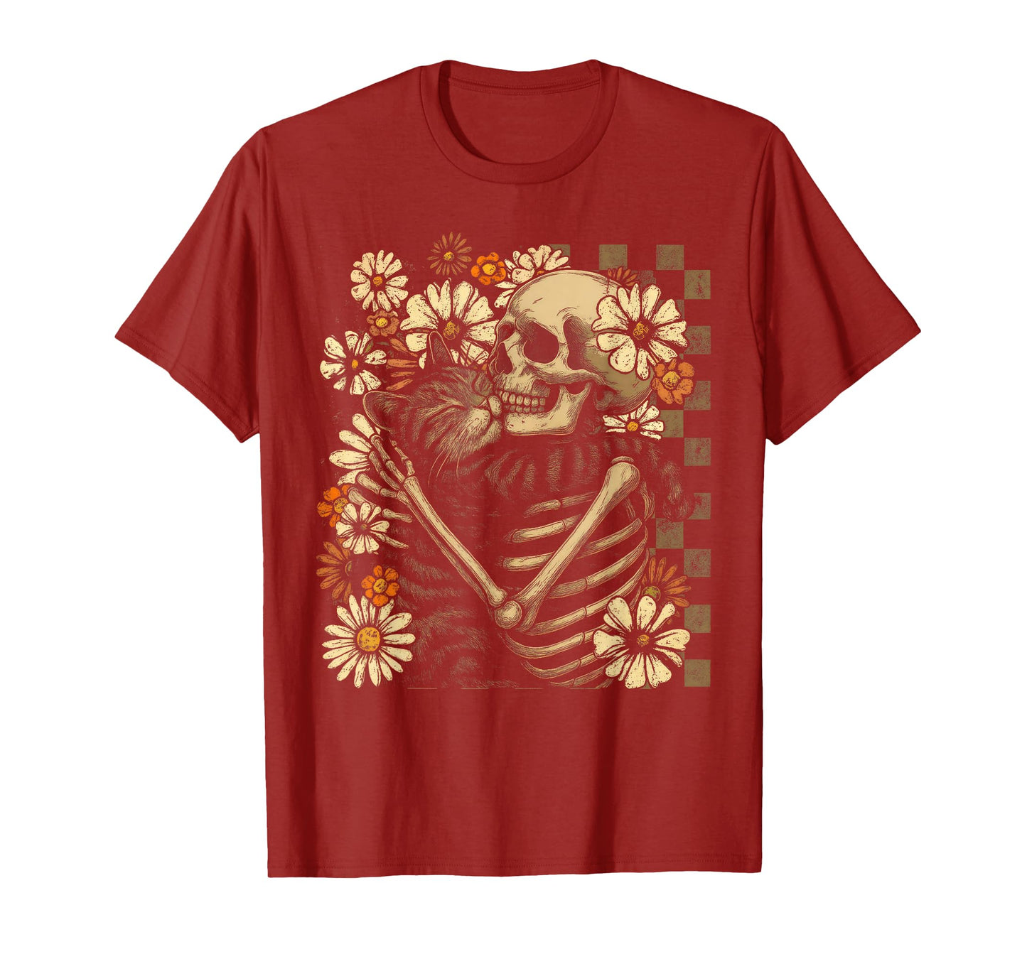 Floral Skeleton Hugging Cat Halloween Cat Lover Cat Mom Dad T-Shirt