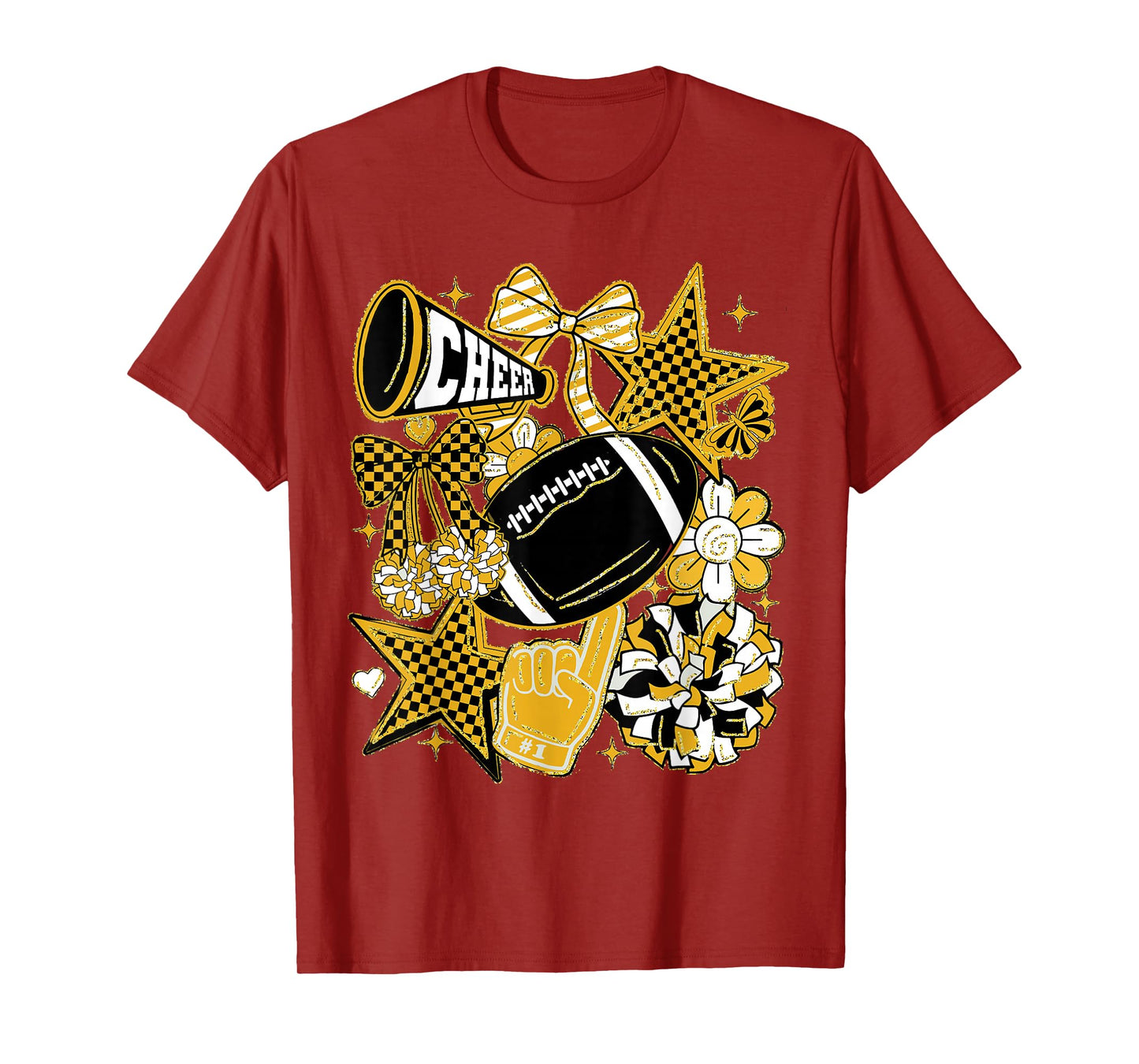 Coquette Bow Football Gold Black Game Cheer Mom Touchdown T-Shirt