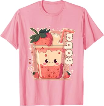 Strawberry Boba Anime Bubble Tea Neko Girls Kawaii Teen T-Shirt