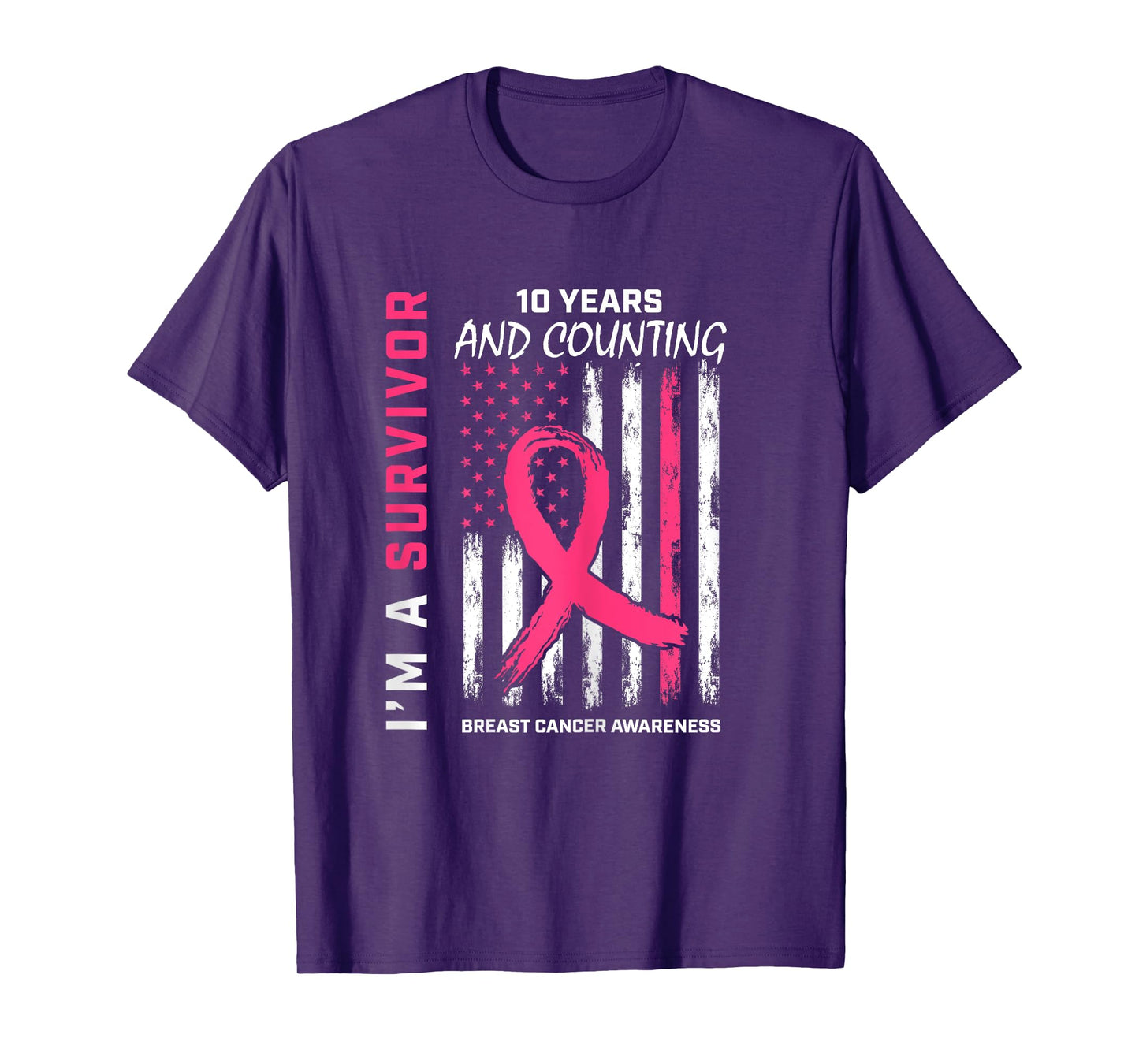 10 Year Survivor Gifts Pink Breast Cancer Free American Flag T-Shirt for Women