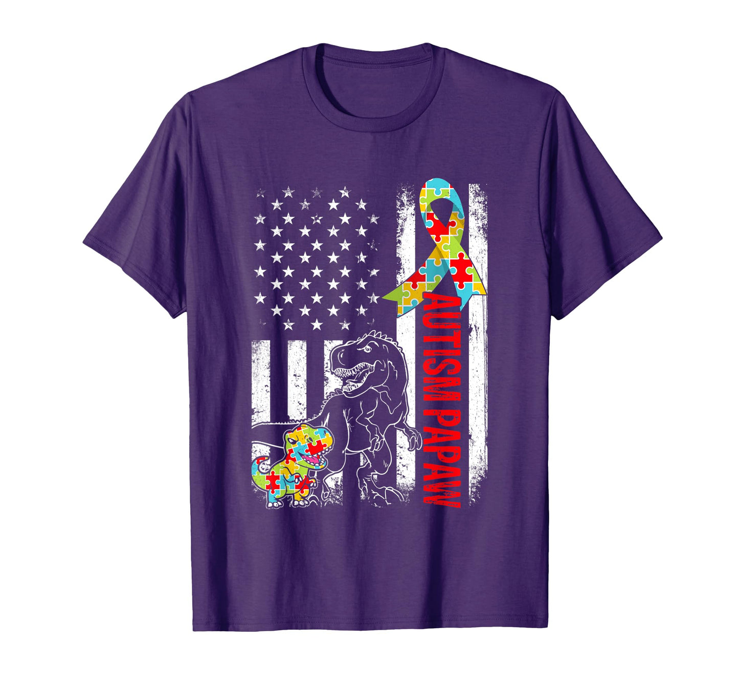 American Flag Autism Papaw Dinosaur Awareness Autistic Women Kids Men T-Shirt