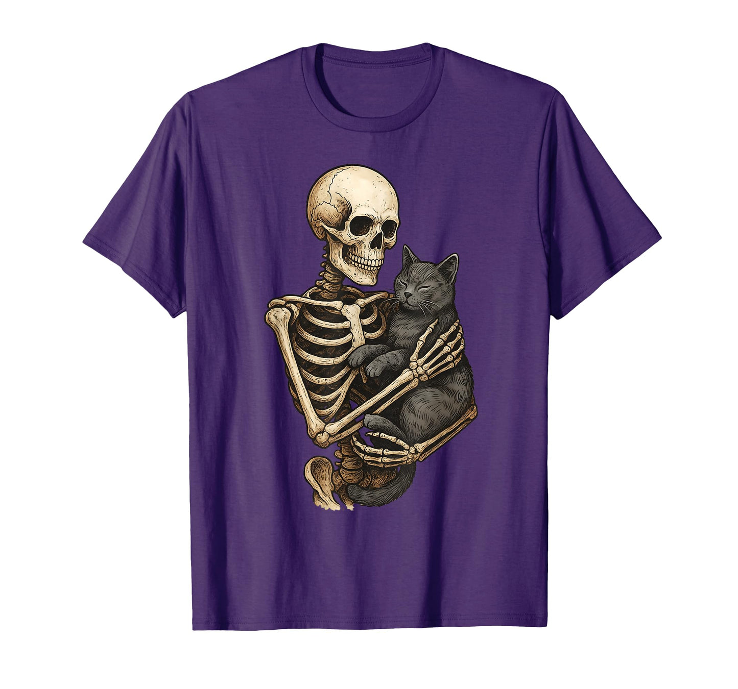 Skeleton Hugging Cat Halloween Cats Lover Cat Mom Cat Dad T-Shirt