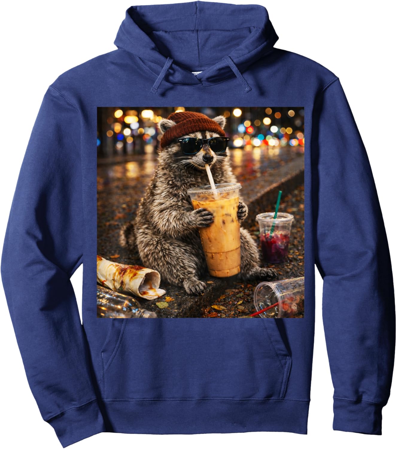 Raccoon Drinking Iced Coffee Funny Animal Meme Men Women T-Shirt - Hoodie | Navy