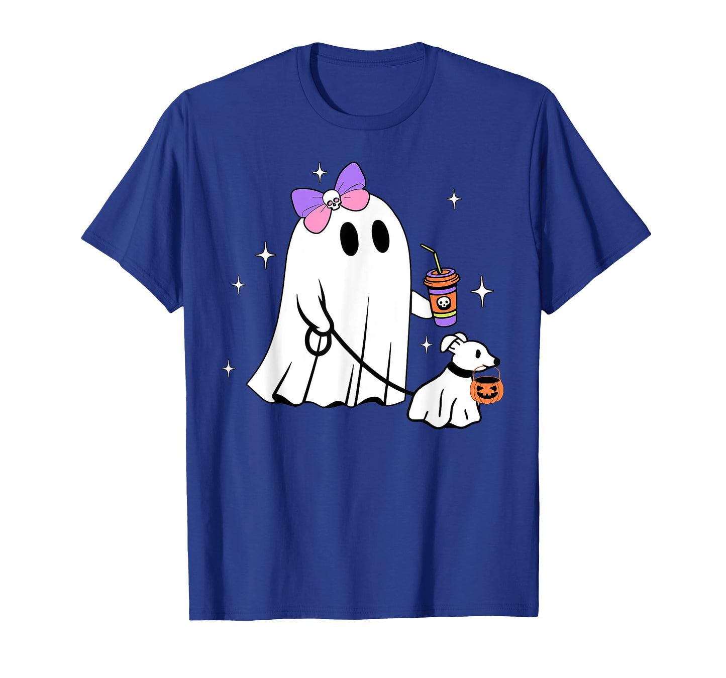 Halloween Cute Ghost Walking Dog Spooky Coquette Ghost Women T-Shirt