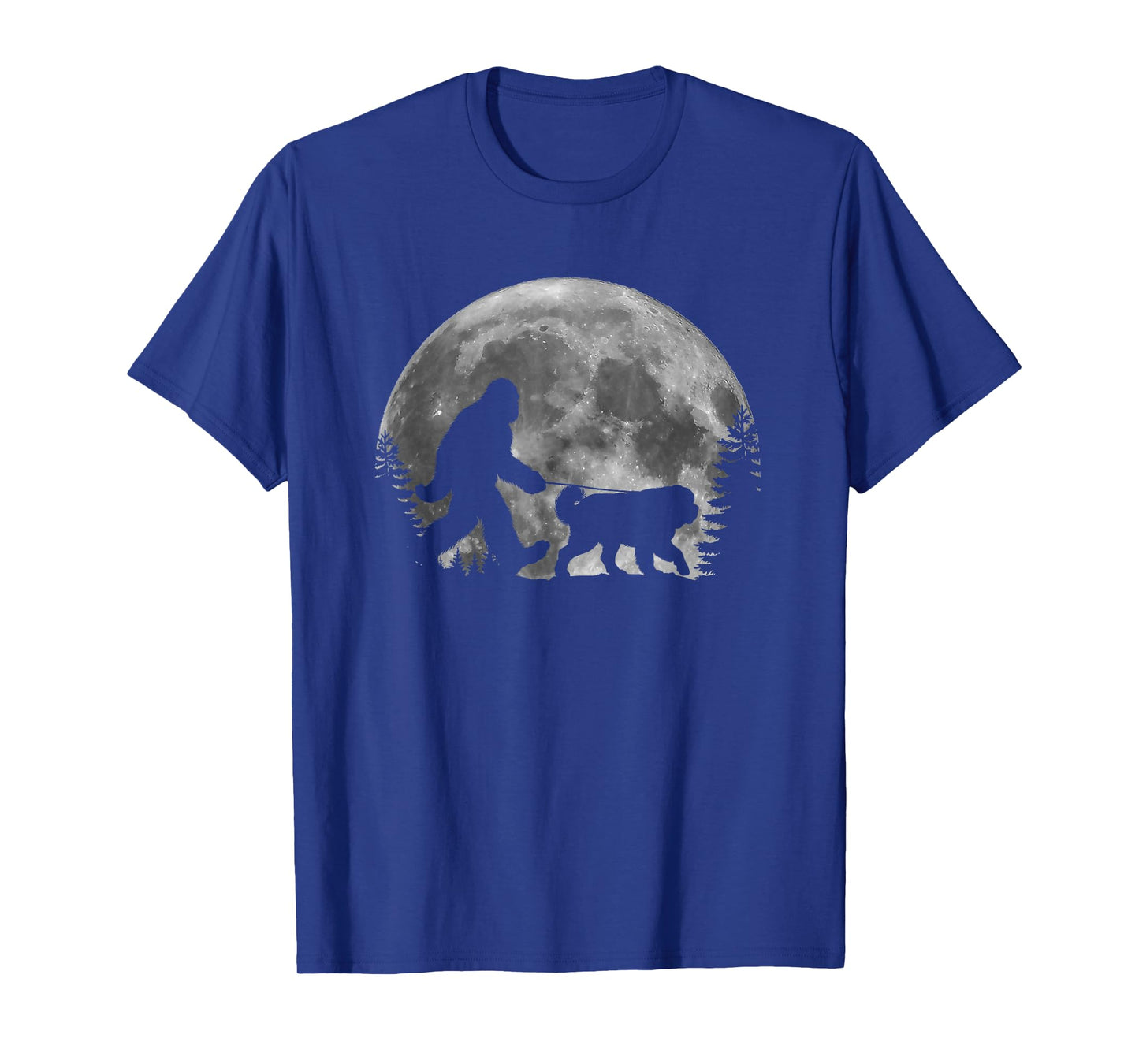 Bigfoot Walking a Dog Funny St. Bernard Lover Moon Halloween T-Shirt for Men Women Kids