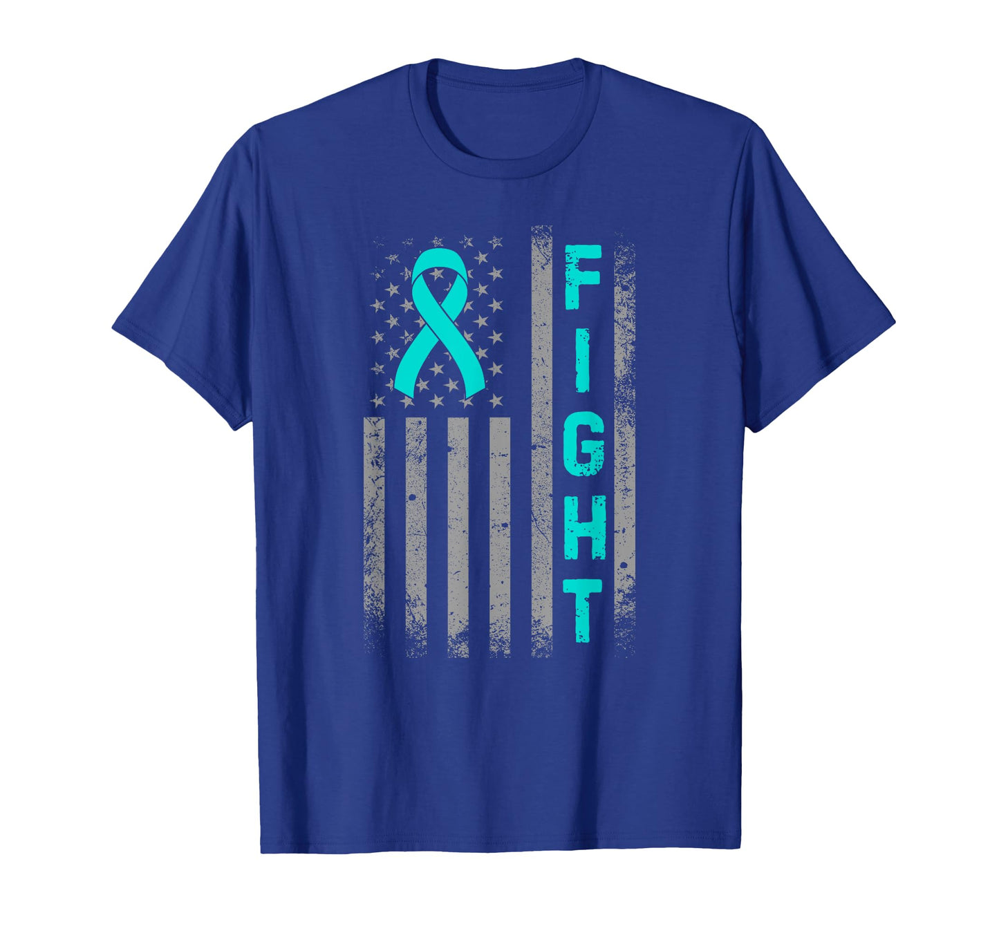 Fight Ovarian Cancer Awareness American US Flag Teal Ribbon T-Shirt