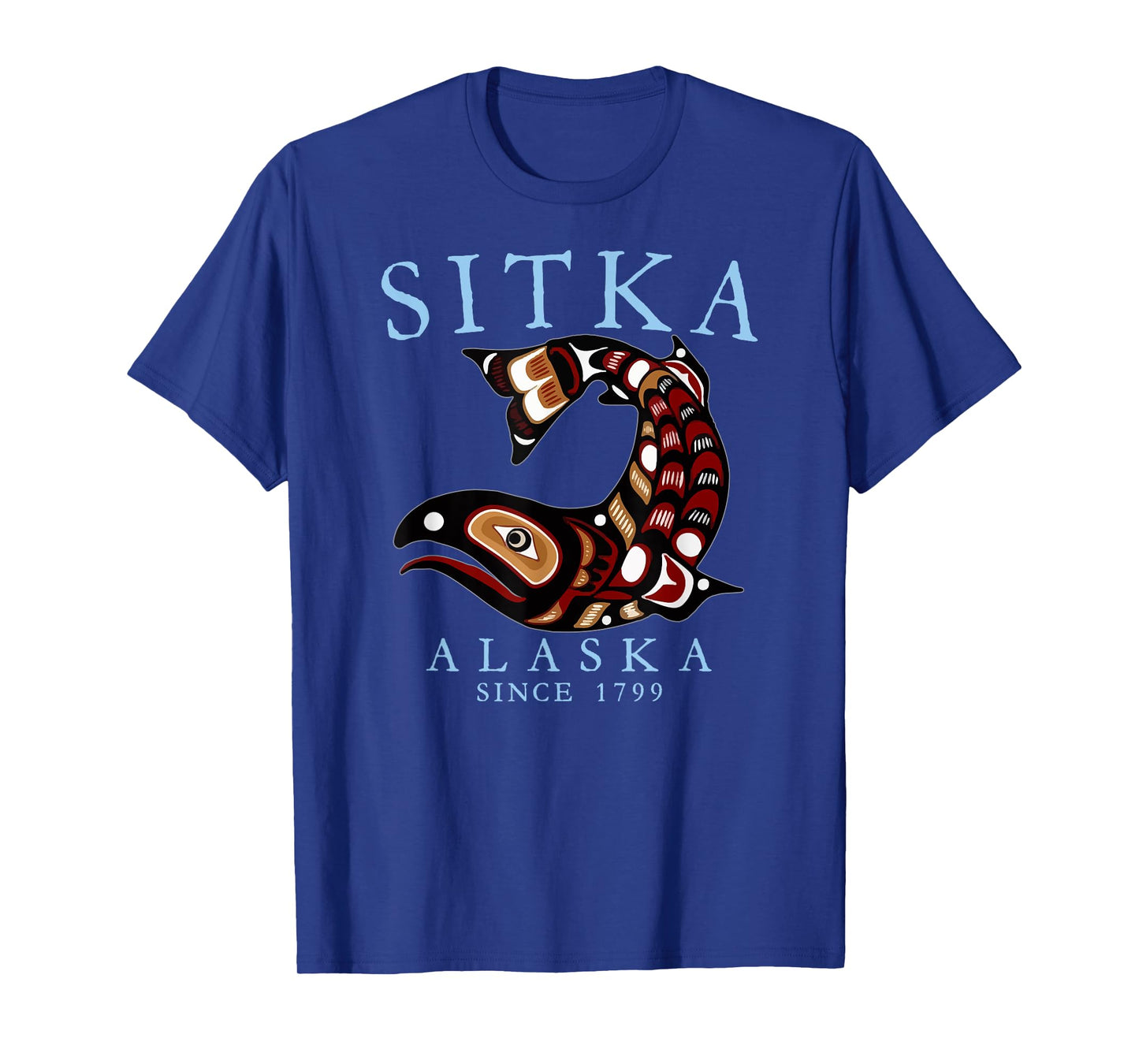 Sitka Alaska Tribal Art Salmon Since 1799 Pale Blue Letters T-Shirt