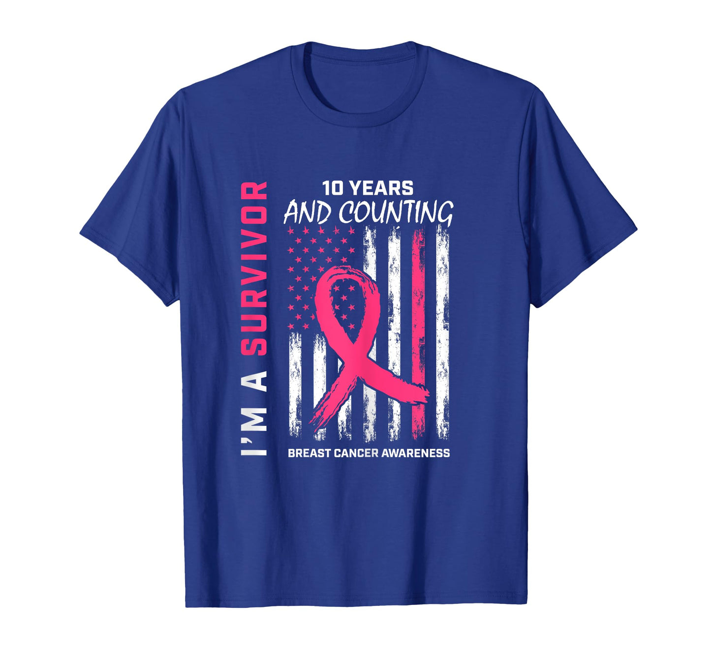 10 Year Survivor Gifts Pink Breast Cancer Free American Flag T-Shirt for Women