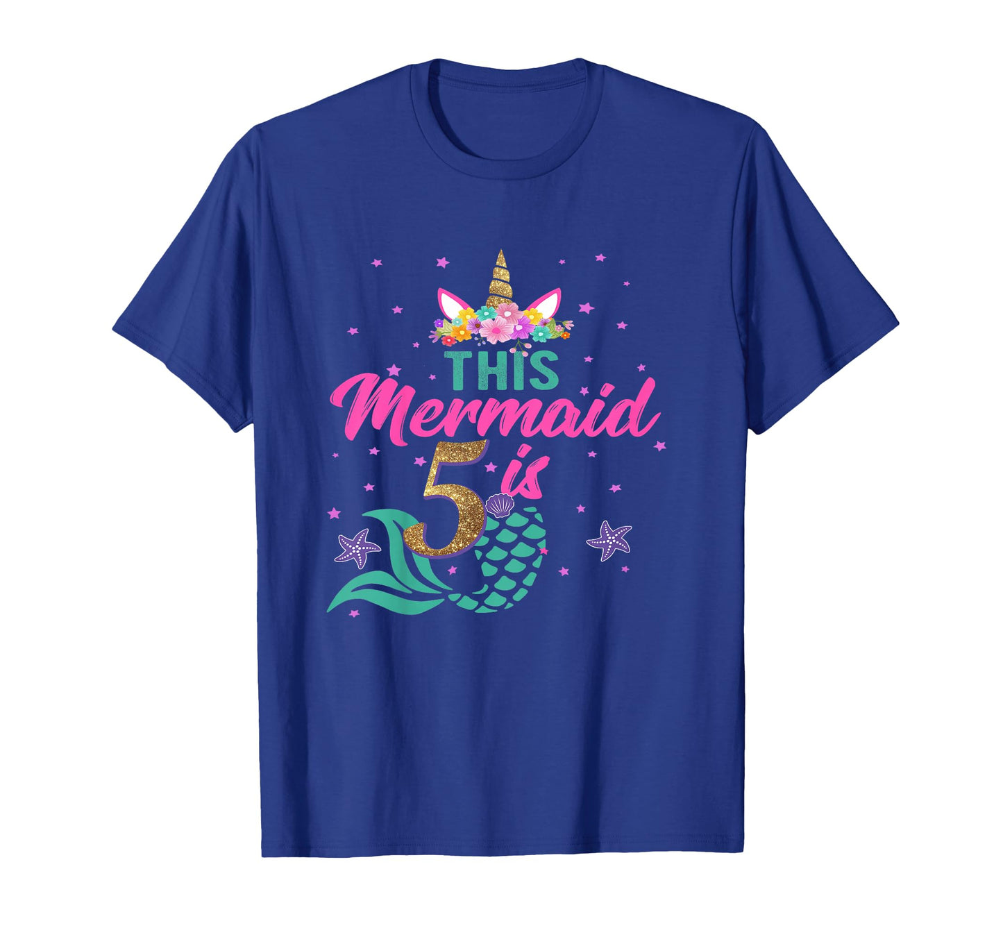 5th Birthday Girl Unicorn Shirt Mermaid Tail 5 Years Old T-Shirt