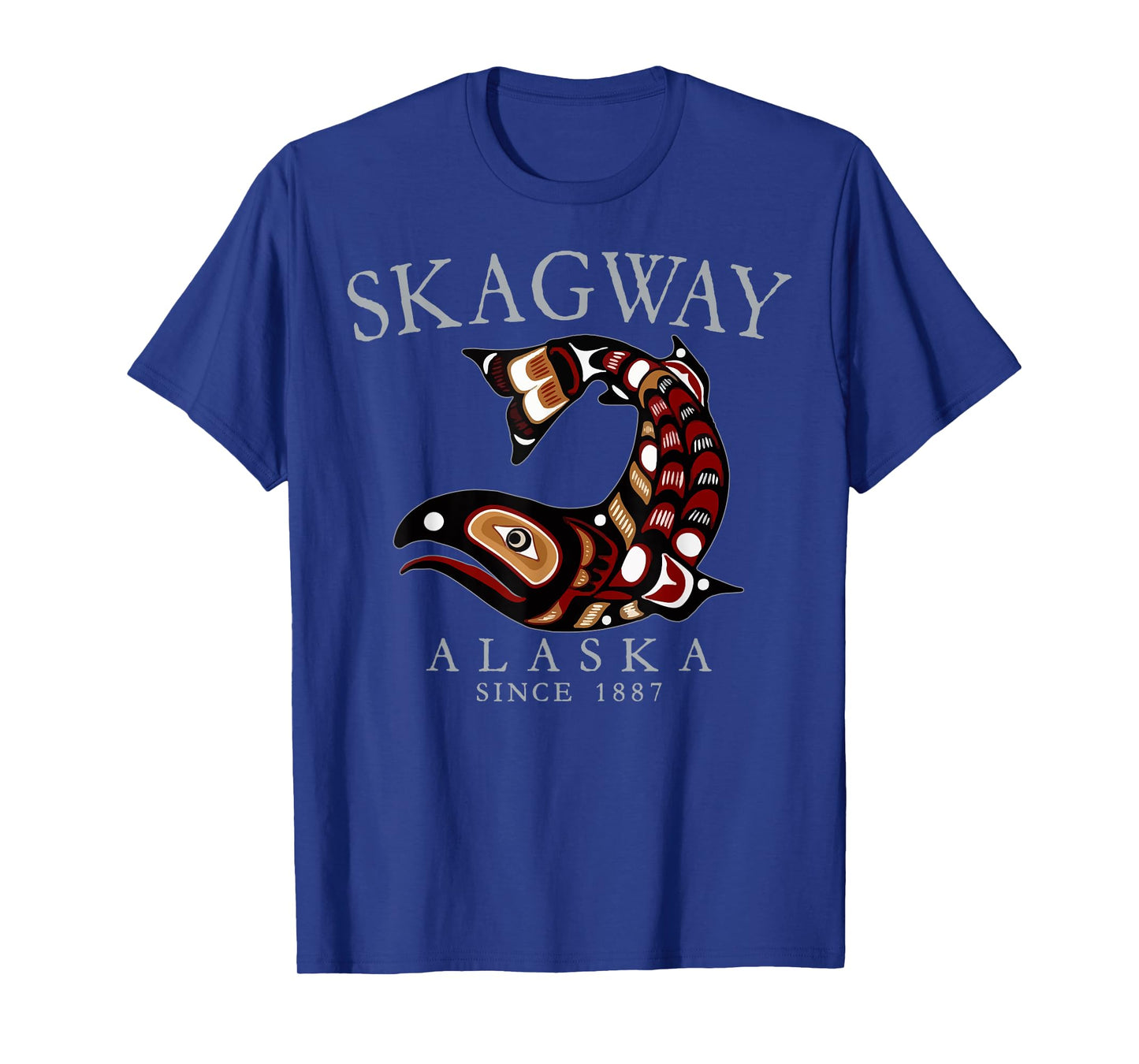 Skagway Alaska Tribal Art Salmon Since 1887 Grey Letters T-Shirt