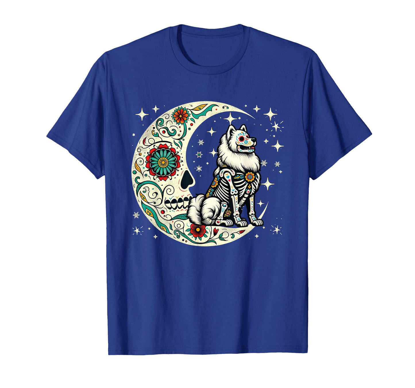Dia De Los Muertos Halloween Moon Floral Skeleton Samoyed T-Shirt