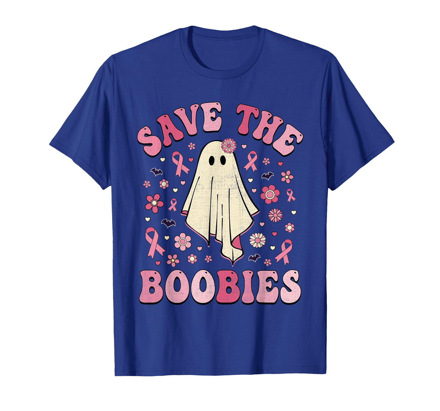 Save the Boobies Pink Halloween Ghost Breast Cancer Groovy T-Shirt