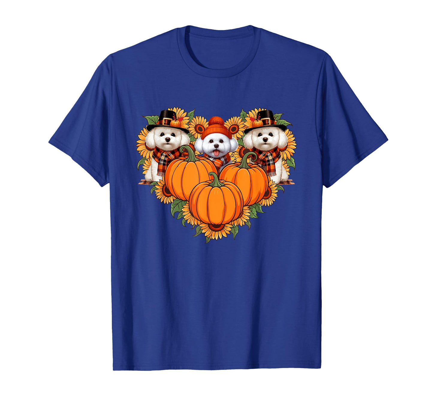 Three Cute Bichon Frises Thanksgiving Pilgrim Sunflowers T-Shirt