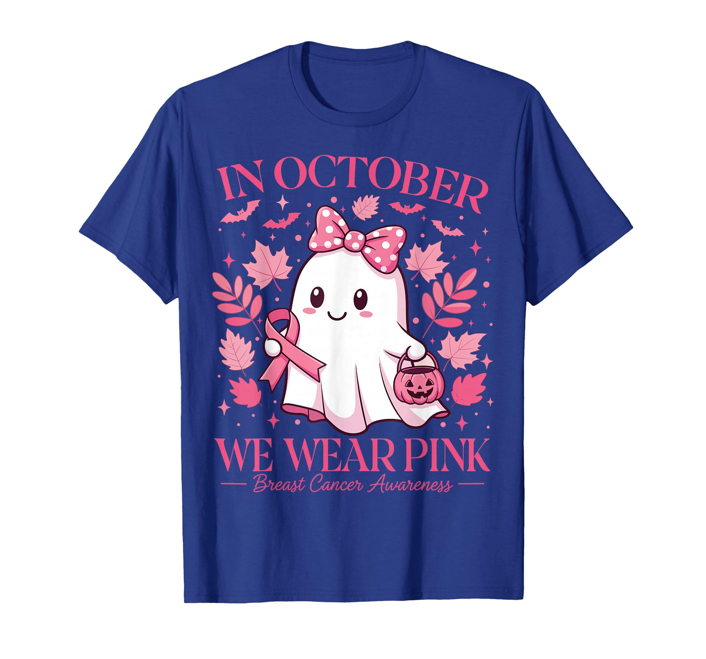 October We Wear Pink Breast Cancer Ghost Halloween Pumpkin T-Shirt