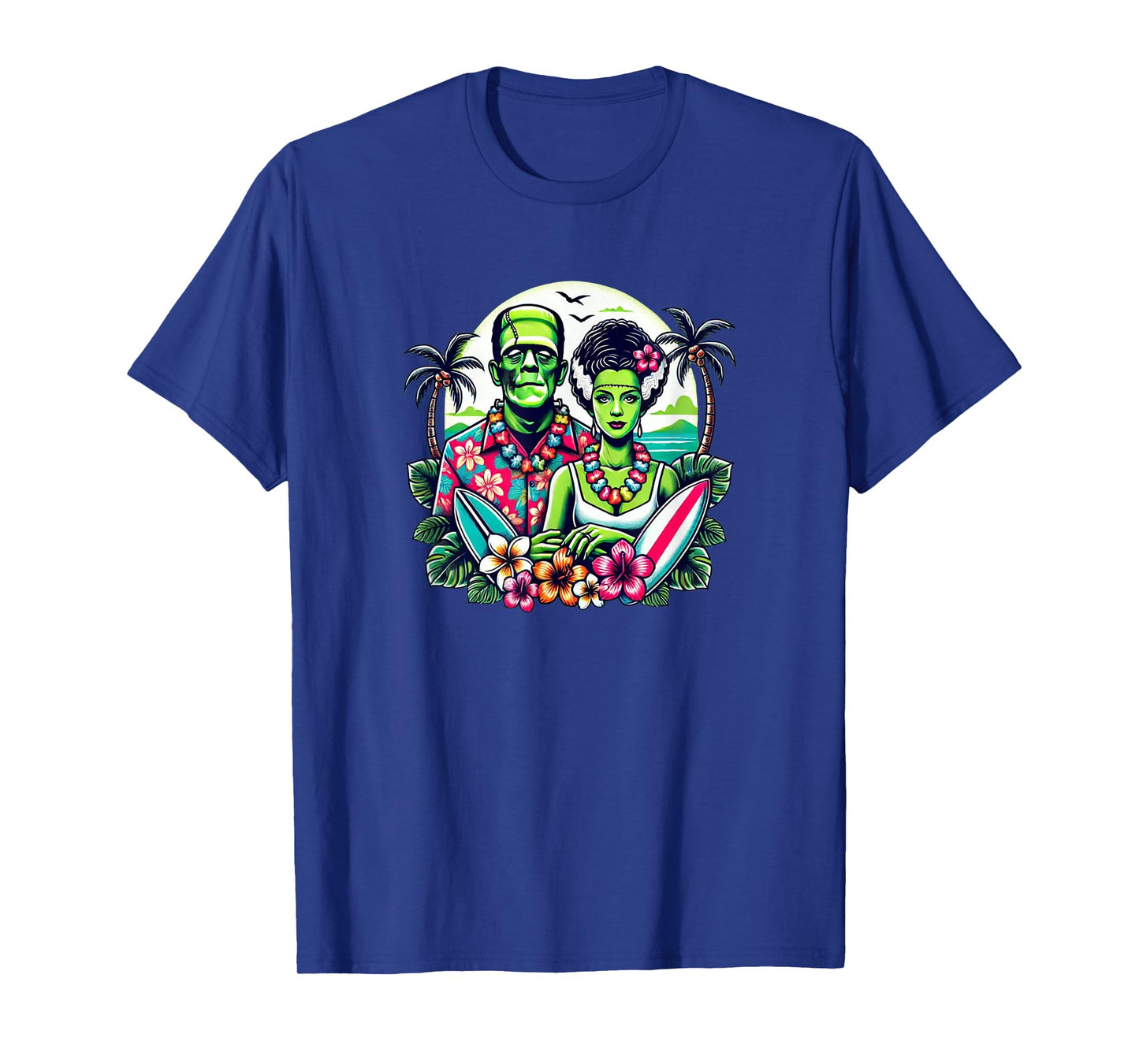 Frankenstein Monster and Bride Tropical Hawaiian Beach T-Shirt for Men Women Girls Kids