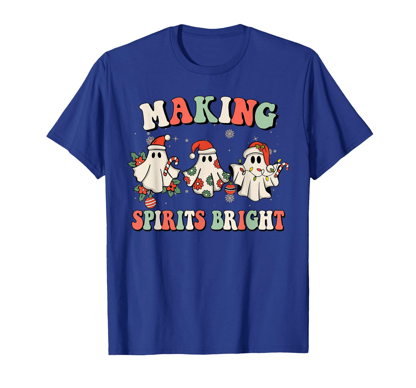 Retro Groovy Christmas Ghost Making Spirits Bright Pajamas T-Shirt