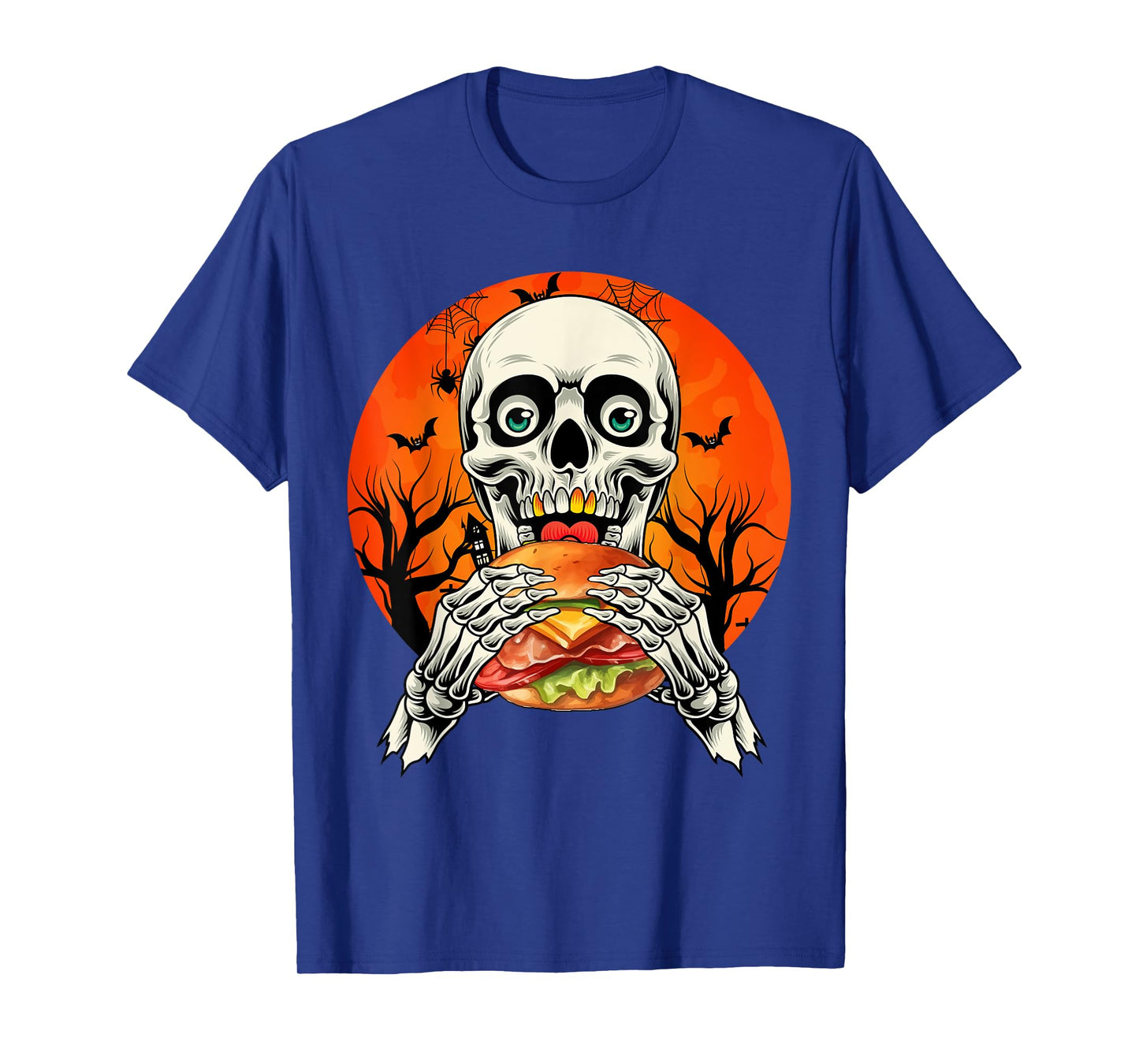 Horror Skeleton Eating Hamburger Halloween Costume Foodies T-Shirt